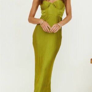 Fortunate One Strapless Olive Bustier Ribbed Maxi Dress